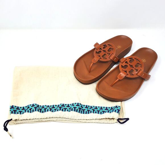 Tory Burch Miller Cloud Thong Sandals Calf Leather Aged Camello Brown Size 7 - Picture 2 of 11